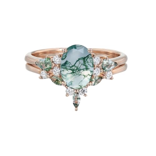 Natural Moss Agate Wedding Ring Set 925 Sterling Silver 10K 14K 18K Gold Oval Cut Moss Agate and Moissanite Engagement Ring Set Bridal Ring Sets for Women Free Engraving3