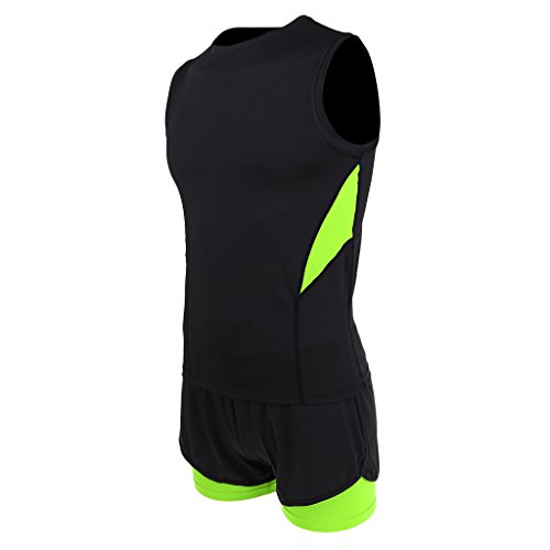 Homyl Set Complet de Maillot sans Manche avec Shorts Respirant Léger Absorbant Sueur Séchage Rapide - Fluo Vert Noir, 4XL