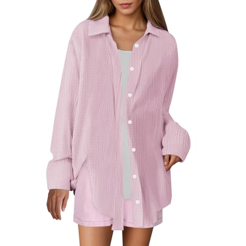 Women's 2 Piece Set Casual Tracksuit Button Down Long Sleeve Collared Shirt and High Waist Shorts Lounge Matching Sets Pink