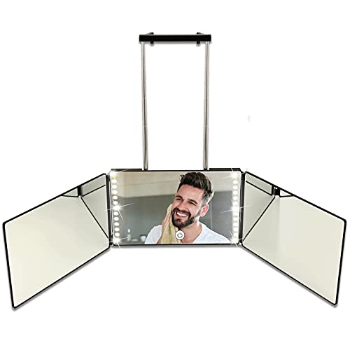 Rechargeable 3 Way Mirror for Self Hair Cutting Tools with Height Adjustable Mirror with Light Telescoping Hooks Rechargeable 3 Way Mirror for Self Hair Cutting Tools with Height Adjustable Mirror with Light Telescoping Hooks