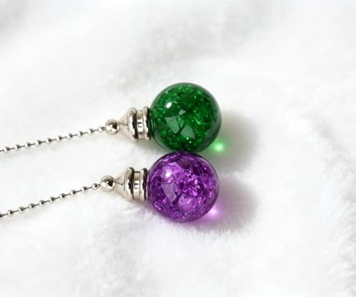 Image of 2pcs Crystal Ceiling Fan Pull Chain Ornament, 12 inch Ball Chain Purple & Green Fan Light Pulls Decorative Extension with Connector, Sliver Chain