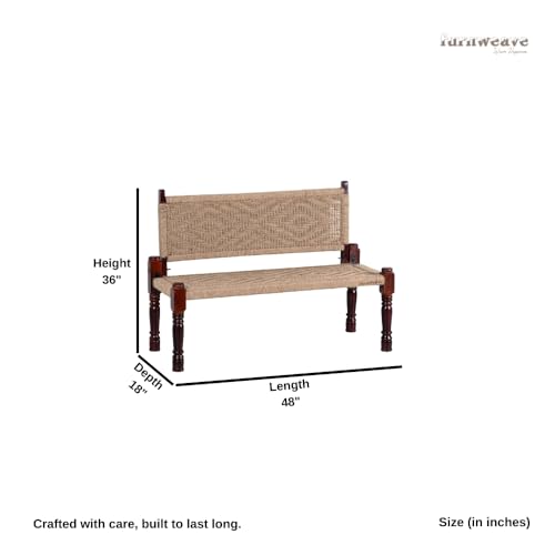 Image of Srima Wooden Bench for Living Room | Handcrafted Sheesham Wood Backrest Bench for Balcony & Garden | Traditional Rajasthani Patio for Outdoor with Jute Handwoven Rope | Jute
