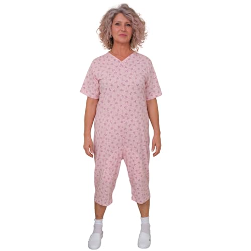 FERRUCCI COMFORT Pijama de verano sanitario con 3 cremalleras de algodón de manga corta y pantalón corto – 9008/6 – Fabricado en Italia – Apto para personas mayores, Rosa, S