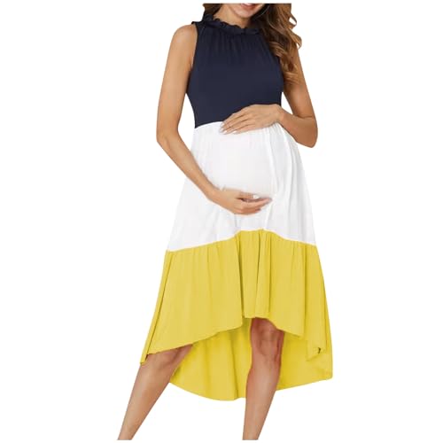 Vestido de Maternidad Mujeres sin Manga Casual Embarazadas Ropa Fruncida para Embarazadas Patchwork Cuello Redondo Verano Vestido Largo premamá