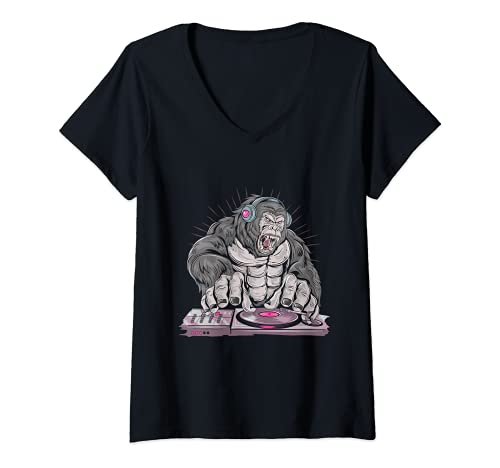 Womens Gorilla DJ Music Deejay Turntable Headphones Techno Pop Rock V-Neck T-Shirt