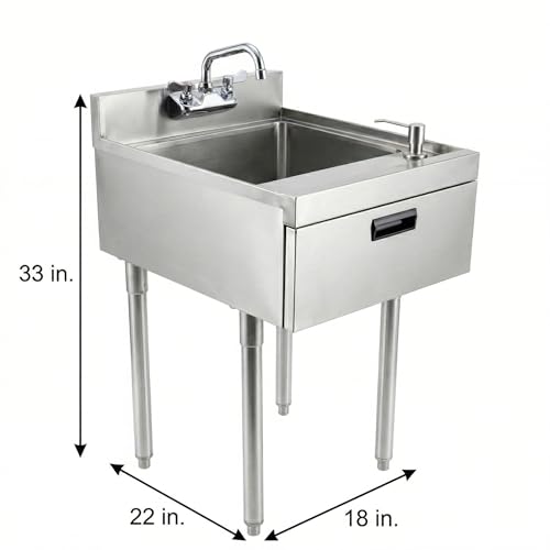 Image of 22.5 in. x 18 in. Stainless Steel Underbar Hand Sink with Soap and Towel Dispensers, 14 in. x 16 in. Bowl, Faucet, and Drain Basket