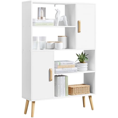 Yaheetech Bücherregal, Bücherschrank mit 2 Türen und 4 Offenen Regalen, Standregal Aufbewahrungregal Wohnzimmer Arbeitszimmer, 80×23,5×120,5 cm, Weiß