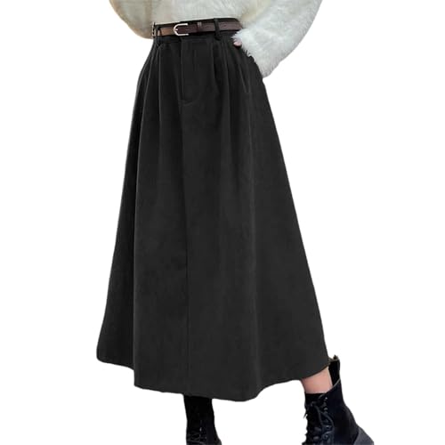 Cord Rock Damen Winter Vintage Midi Lange Faltenrock Cordröcke Elastische Taille A-Linie Skirt Midirock mit einem Gürtel Schwarz M