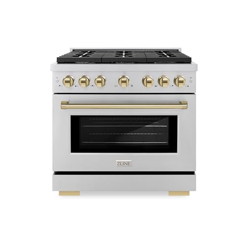Comparison: Best 36 Inch Stove 7 ZLINE Autograph Edition 36 in. 5.2 cu. ft. Paramount Gas Range with 6 Burner Cooktop and Convection Gas Oven in Stainless Steel and Polished Gold Accents (SGRZ-36-G)