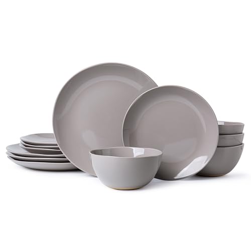ALOFMO Dinnerware Sets for 4, 12 Pieces Stoneware Plates and Bowls Sets, Dishwasher&Microwave Safe,Modern Minimalist Tableware for Everyday Use, Grey