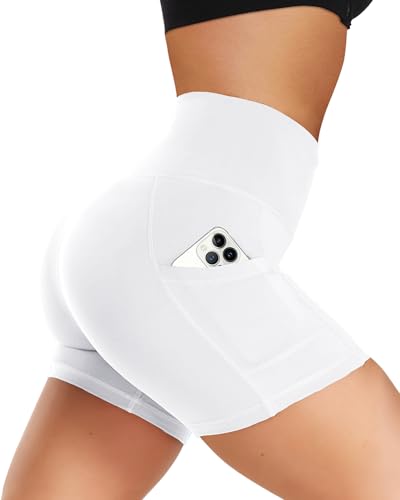 Gayhay Radlerhose Damen mit Taschen High Waist Kurze Leggings Yoga Shorts Sommer Outfit Sporthose Hotpants Blickdicht（Weiß,S/M）