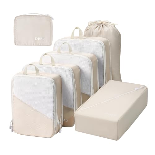 DIMJ Compression Packing Cubes Suitcases Compression Travel Packing Organizers Lightweight Luggage Cubes Travel Cubes Travel Accessories With Shoes Bag/Laundry Bag/Underwear Bag (Beige) Sets of 7