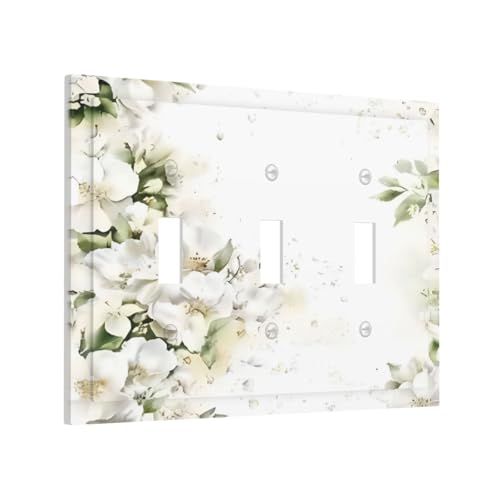 Decorative Switch Plate Covers Rustic Ink Green Leaves White Florals Flower 3 Gang Light Switch Cover Plate Triple Toggle Wall Plate Light Switch Covers for Bedroom Home Decor