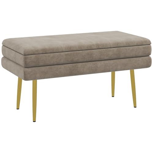HOMCOM Banc de Rangement, Bout de lit, Coffre de Rangement avec Assise Aspect Velours et Pieds Acier, 79,5 x 37,5 x 43 cm, Beige et doré