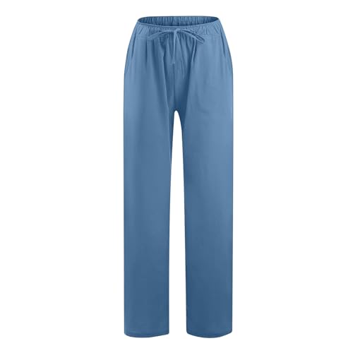 Ruziyoog Women Summer Pants Drawstring High Waisted Cotton Linen Palazzo Pants Wide Leg Long Lounge Pant Trousers with Pocket2