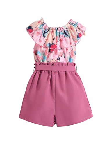 Image of OYOANGLE Girl's 2 Piece Outfits Boho Floral Print Ruffle Tank Top and Bow Belted Shorts Clothing Set