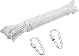 ZKSM 82ft Nylon Flag Rope 1/4Inch Thick White Flag-line Halyard Complete with 2 Steel Hook Clips Double Braided for Flags, Outdoor Hanging Clothes, Goods and Furniture Bundled