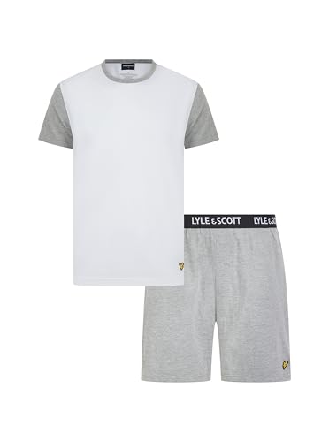 Image of Lyle & Scott Men’s McCartney Cotton Pyjama Set - Colour Block T-Shirt and Short Loungewear - Premium Casual Sleepwear for Men (UK, Alpha, M, Regular, Regular, Bright White/Grey Marl)