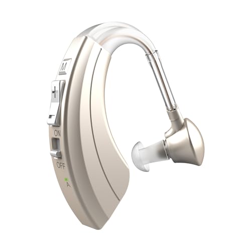 HIBRIQ Dispositivo sonoro ricaricabile, cancellazione del rumore e volume regolabile, 4 modalità dispositivo uditivo design BTE Comfort (1, Champagne Gold)