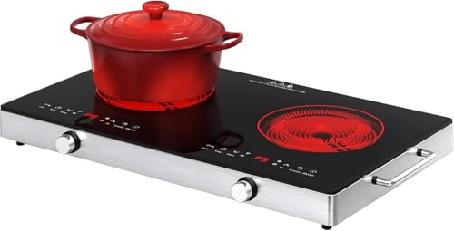VBGK Plaque Vitrocéramique 2 Feux, 220V 3520W avec Bouton de Commande, 9 Niveaux de Puissance, Verrouillage et Minuterie pour Enfants, Tactile LED, Plaque induction 2 Feux Portable