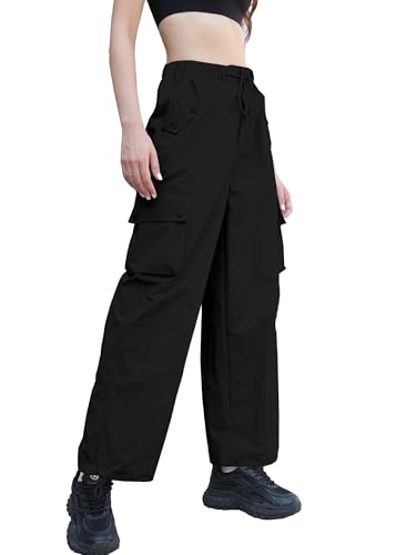 Image of Betusline Girls & Women's High Waist Wide Leg Cargo Pants Y2K Parachute Pants with Pockets and Drawstring 6 Years-Women 2XL