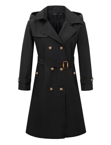 Image of SHMLIYDO Womens Long Trench Coat Double Breasted Classic Lapel Coat Belted Slim Long Overcoat Coat With Detachable Hood Black Large