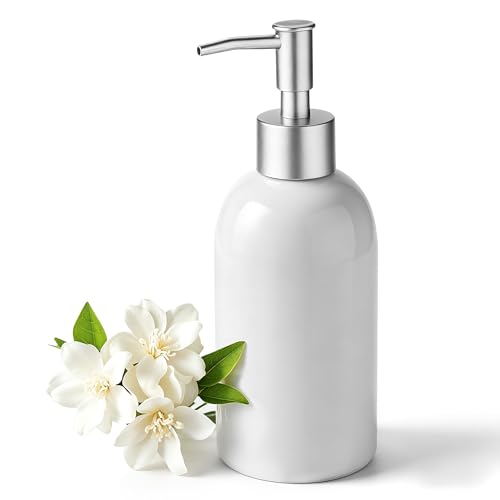 Hejo 350ml Seifenspender Keramik mit Silberpumpe Nachfüllbarer Seifenspender Bad Praktischer Spülmittelspender Küche - für Handseife Lotion Waschküche Badezimmer & Küche (Weiß)