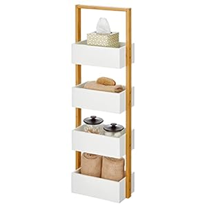 mDesign Free-Standing 4-Tiered Shelf for Bathroom, Wood Bamboo Storage Rack Room Decor Shelves – Decorative Organizer Bins for Bath Towels, Hand Soap, and Toiletries – White/Natural