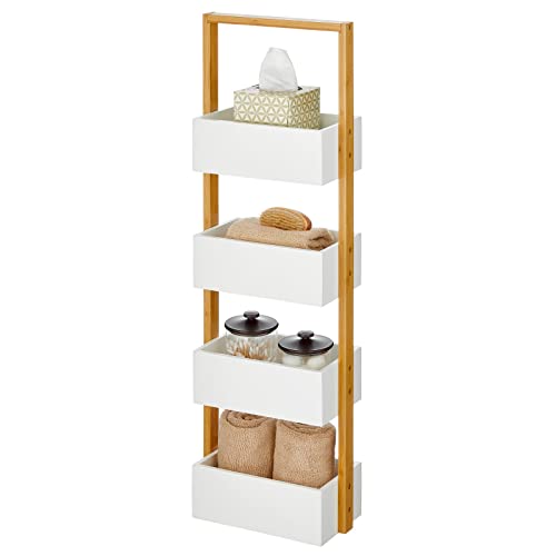 mDesign Free-Standing 4-Tiered Shelf for Bathroom, Wood Bamboo Storage Rack Room Decor Shelves – Decorative Organizer Bins for Bath Towels, Hand Soap, and Toiletries – White/Natural