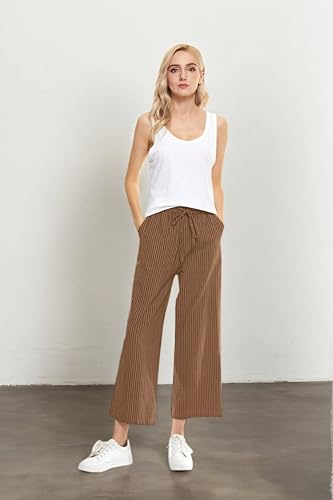 Image of LNX Womens Linen Capri Pants Wide Leg High Waisted Drawstring Casual Cropped Pants with Pockets