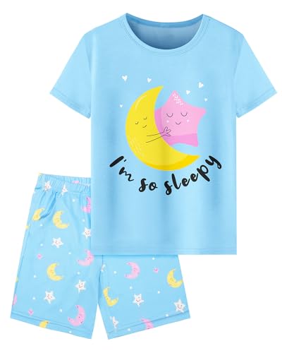 Sylfairy Girls Pajamas Short Sleeve Toddler Summer Short Sets Sleepwear Clothes Sets Kids Pajamas Blue Star Moon Size 5-6