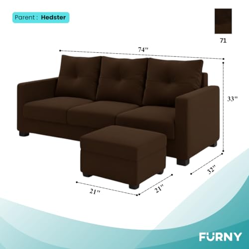 Image of FURNY Amonster 4 Seater L Shape Sofa Set with Movable Ottoman | Flexible Left or Right Layout | Plush Velvet Fabric (Dark Brown) | Perfect for Living Room, Guest Room & Office