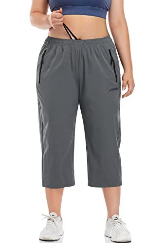 Zerdocean Women's Plus Size Capri Pants Joggers Lightweight Quick Dry Outdoor Active Capris Zipper Pockets Gray 1X #TOP2