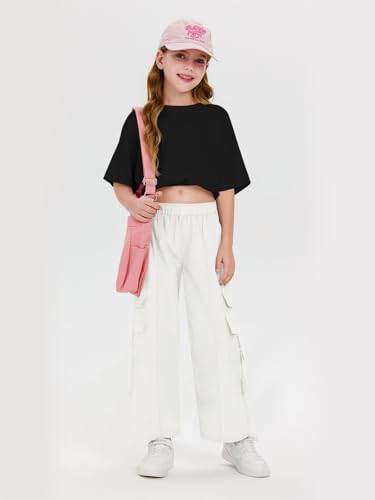 Image of Haloumoning Girls Parachute Pants Kids Wide Leg Cargo Pants Y2K Street Trousers with Pockets 5-14 Years