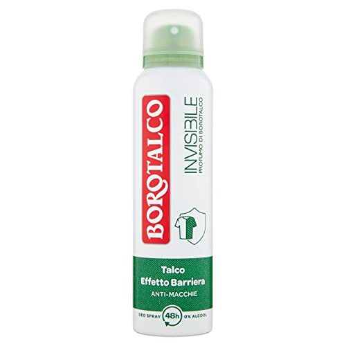 Borotalco, Spray désodorisant vert invisible, formule sans alcool avec effet barrière talc, capture et non transmission, 48 heures d'efficacité, parfum talc, 1 flacon de 150 ml