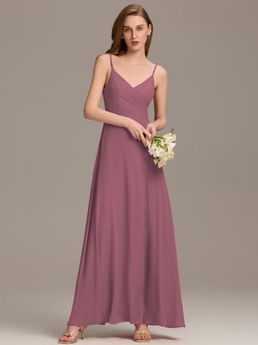 Image of Ever-Pretty Women's Summer Backless Spaghetti Straps Bridesmaid Dresses Chiffon V-Neck Slit Long Formal Wedding Guest Dress