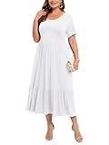 LARACE Plus Size Dresses for Women Summer Casual Short Sleeve Long Dress Flowy Maxi Beach Dresses with Pockets L-6XL(White 2X)