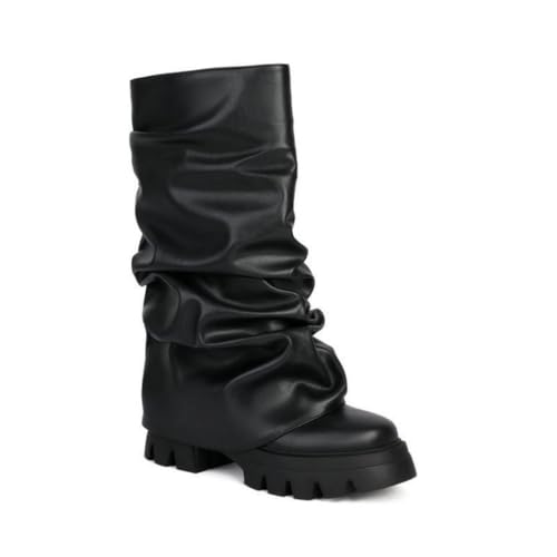 Women's Folding Boots Wide Calf Pleated Platform Boots Round Toe Thick Heel Stacked Boots