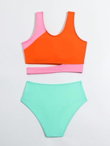 Image of Milumia Girl's 2 Piece Swimsuits Color Block Cut Out Sport Swimwear Bathing Suits Green and Orange 8Y