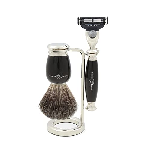 Edwin Jagger Rasur-Geschenk-Set- Pure Badger Dachshaar-Rasierpinsel, Gillette Mach 3 Rasierer, vernickelter Ständer, Ebenholzimitation, 1er Pack (1 x 1 Stück) Cover