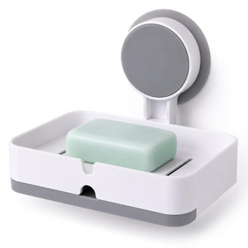 Image of Zollyss Self Adhesive Soap Holder for Bathroom & Kitchen | No Drill Wall Mounted Soap Dish with Drain Tray | Waterproof ABS Plastic
