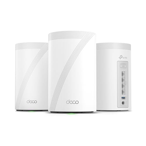 TP-Link Tri-Band WiFi 7 BE10000 Whole Home Mesh System (Deco BE63) | 6-Stream 10 Gbps | 4 × 2.5G Ports Wired Backhaul, 4× Smart Internal Antennas | VPN, AI-Roaming, MU-MIMO, HomeShield (3-Pack)