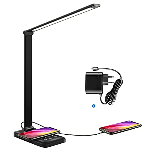 MiNGHUi Schreibtischlampe LED Dimmbar Augenfreundliche Tischlampe mit 10 W QI Wireless Charging, 5 Farben und 5 Helligkeitsstufen, Nachttischlampe Touch Steuerung, Leselampe für Lesen, Büro, Schwarz Cover