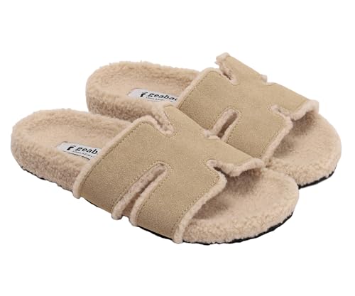 Women's Fuzzy Slippers, Beige, Size 9, Open Toe, Flat Heel, Slip-On, Memory Foam, Faux Leather & Fur, Perfect for Fall & Winter, Birthday Gift