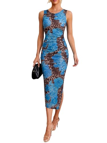 Image of oten Women's Floral Bodycon Midi Dress Ruched Mesh Sleeveless Summer Wedding Guest Cocktail Party Dress with Slit