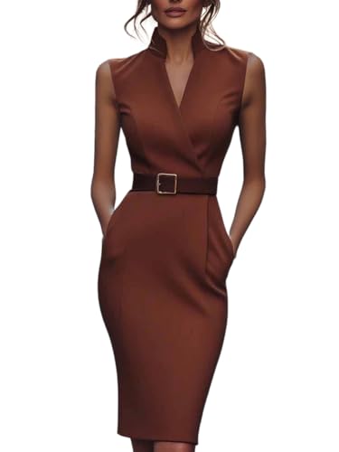 Robe travail femme élégante col V Onsoyours slim fit avec ceinture chic