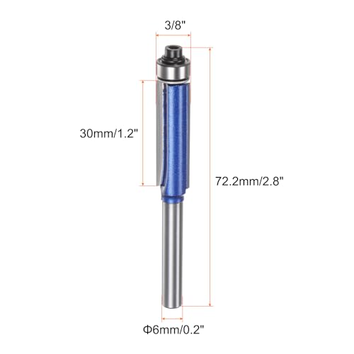 QUARKZMAN Bündigfräser 6mm Schaft 3/8 Durchmesser 1,2 Schneidtiefe Oberlager Bündiggerade Schneidfräser Hartmetall für Spanplatten Sperrholz MDF Holzarbeiten, Silber Blau