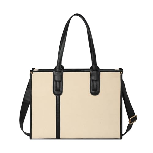 Womanix Canvas Laptop Tote Bags for Women Work Bag 15 inch Briefcase for Women Large Capacity Handbag for Office, School, Travel Teacher Purse Lightweight Computer Bag Business. (Beige Black)