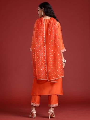 Image of INDO ERA Women's Liva Red Paisley Embroidered Sequinned Straight Kurta & Pant with Dupatta Set