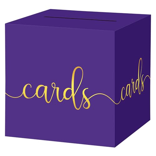 Image of Hooqict Purple Card Box with Slot 9.1 inch Gold Foil Gift Card Box for Party, Graduation, Wedding Reception, Birthday, Retirement, Raffle Ticket Money Envelope Holder
